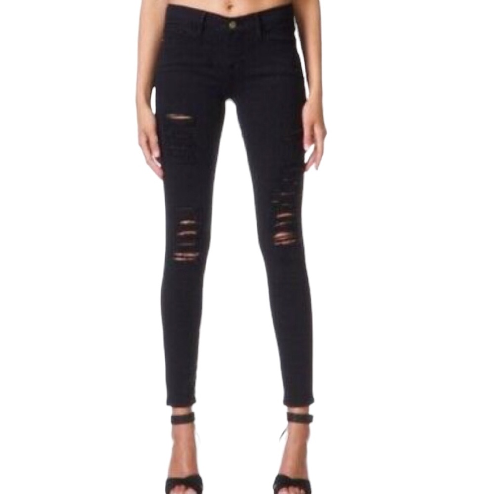 Frame Denim Women’s Le Skinny de Jeanne Mid-Rise Distressed Jeans, Black Size 24
